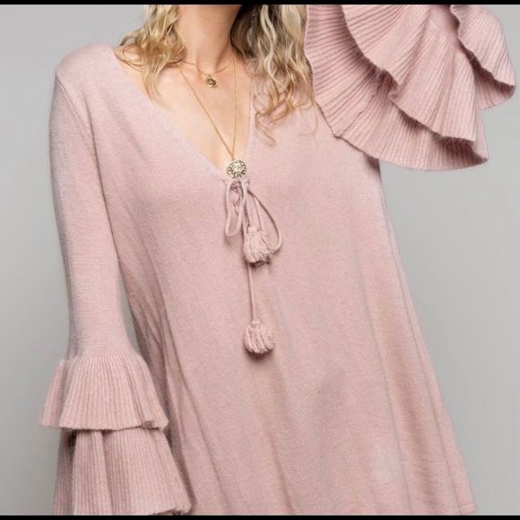Rose Pink Tiered Bell Sleeve Tunic Sweater - Picture 9 of 11
